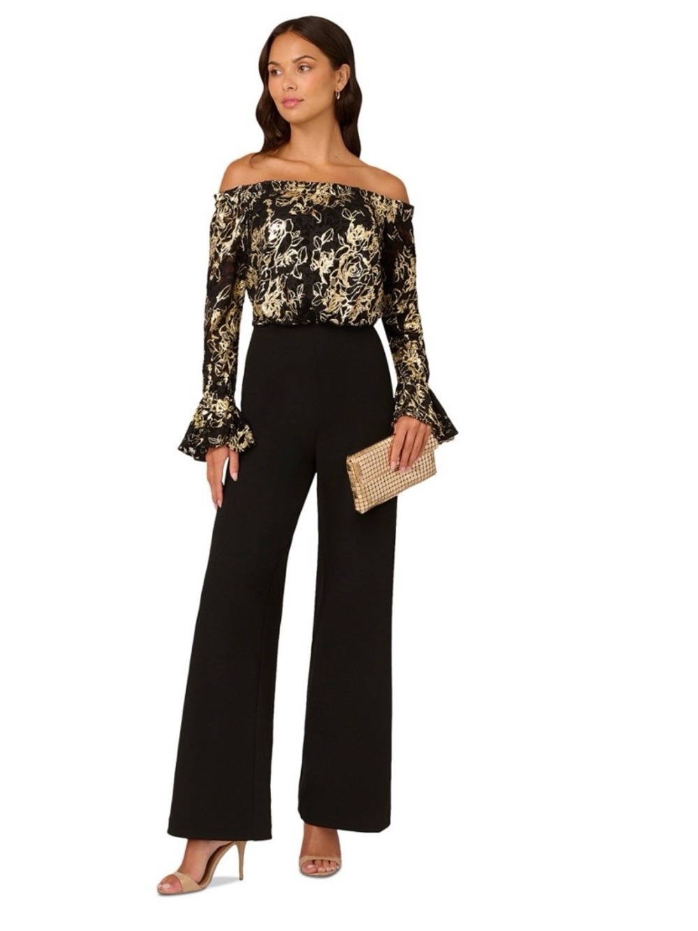 Adrianna Papell Black & Gold Off-the-Shoulder Wide-Leg Jumpsuit - Picture 4 of 6